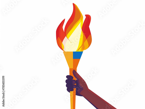 Hand Holding Olympic Torch, Vibrant Flame Illustration on White Background with Copy Space