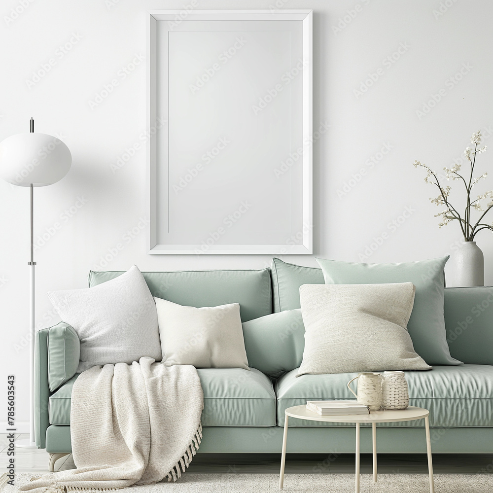 Modern Living Room Interior with Mint Green Sofa, White Frame Mockup on Wall