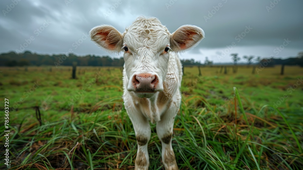   A tight shot of a cow grazing in a lush grass field, surrounded by a cloud-speckled sky and a fence in the near distance