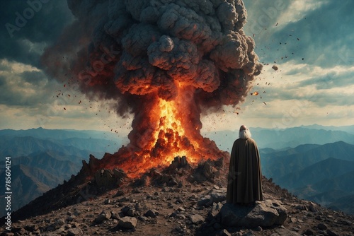 A man stands on a mountain top next to a volcano photo