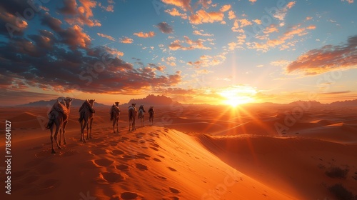   A group of people rides camels on a sandy desert beach as the sun sets