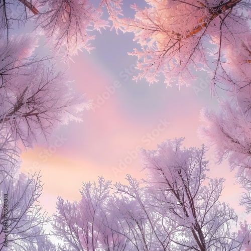 Frosty Tree Crowns - Captivating Winter Scene in Pink Light for Nature Lovers and Photography Enthusiasts