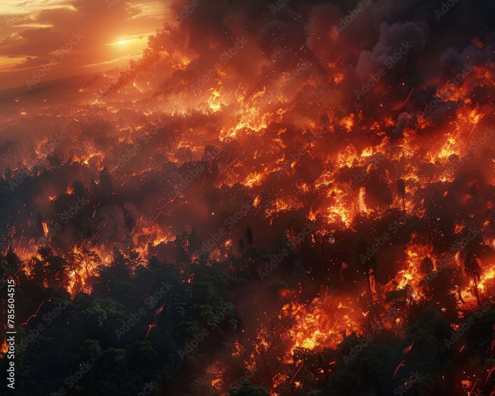 Intense night-time image of a dense forest ablaze with wildfire, embers rising among the trees.
