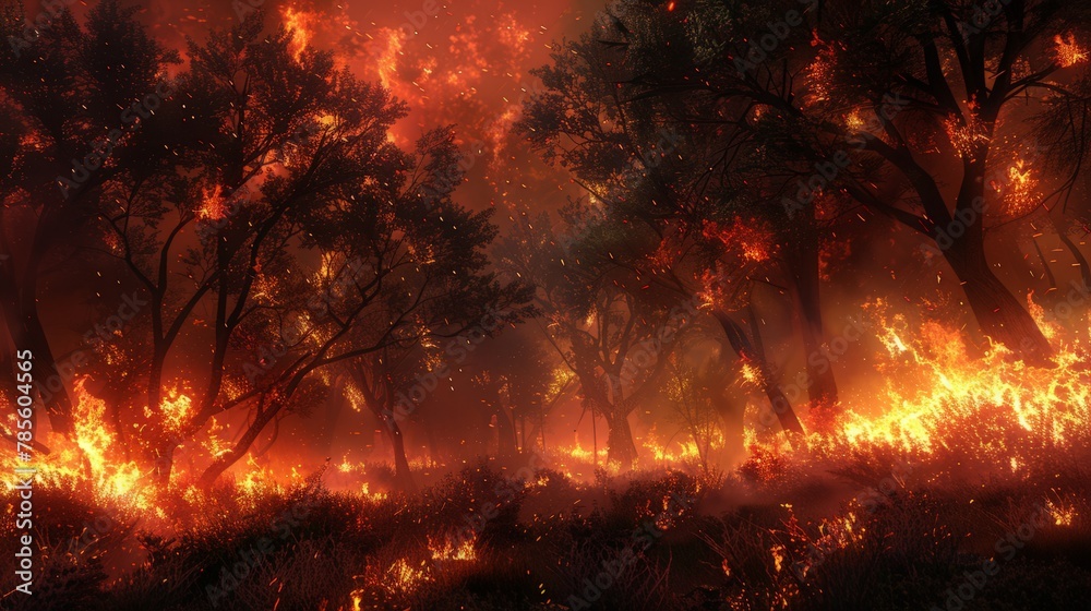 Intense night-time image of a dense forest ablaze with wildfire, embers rising among the trees. - obrazy, fototapety, plakaty 
