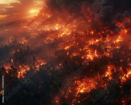Intense night-time image of a dense forest ablaze with wildfire, embers rising among the trees.