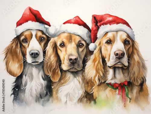 watercolor painting of Three dogs wearing red hats and Santa hats