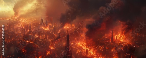 Dramatic apocalyptic cityscape showing a massive urban fire and destruction under a smoky sky.