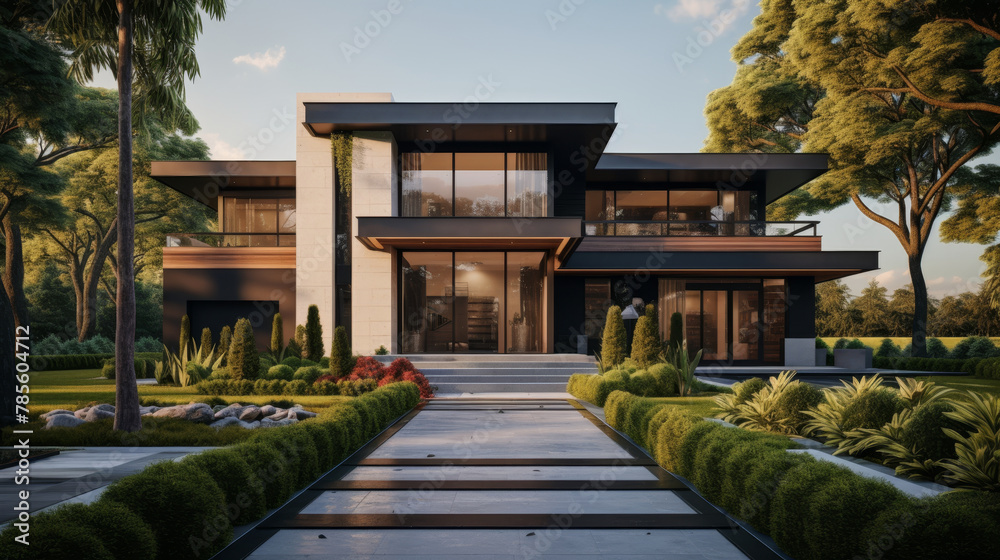 Fototapeta premium House with a large yard and a walkway