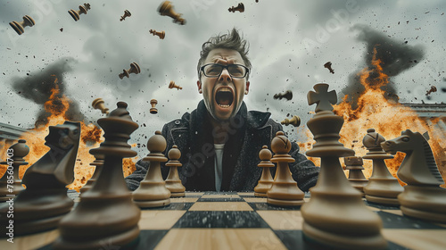 The man sits in front of the chessboard. The man has stress. The man in a panic from what he loses. The concept of irritation, fear to lose. photo