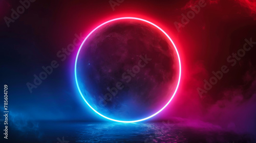 Abstract background of glowing neon lights of blue-pink color against a dark wall with haze. Lighting concept.