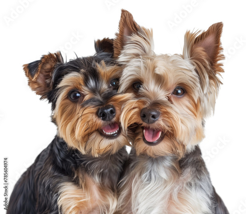 Adorable yorkshire terrier dog couple in love  head portrait
