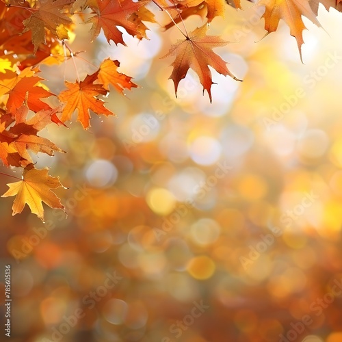 Autumn Maple Leaves Border - Beautiful Nature Background with Sunlight  Bokeh  and Wooden Table Planks for Product Showcase
