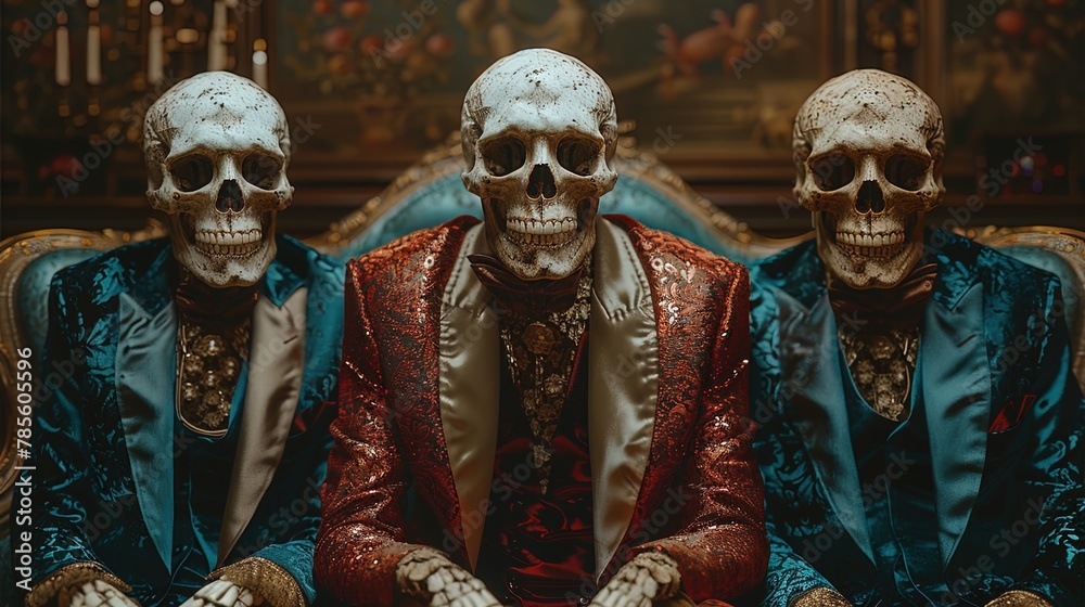 Spooky yet dapper ensemble as skeletons sport stylish suits, combining the macabre with high fas
