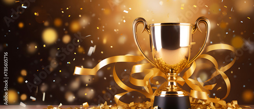 Golden trophy cup. Gold first place winners winner trophy with falling confetti and streamers. Champion trophy, shiny golden cup sport award, winner prize, champions, championship