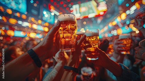 Fans raise their beer glasses high, toasting to the sports team's victory with a shared sense o photo