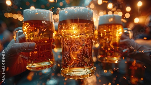 Beer glasses clink in jubilation, celebrating the sports team's victorious triumph with heart © Jūlija