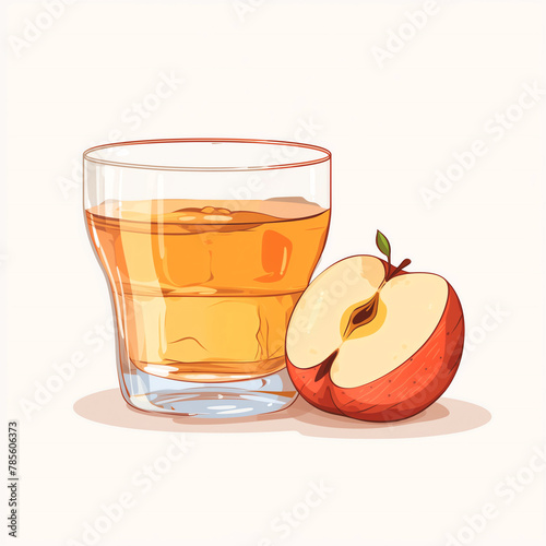There is a glass of apple juice on the table, and next to it lies half a red apple, illustration on a white background