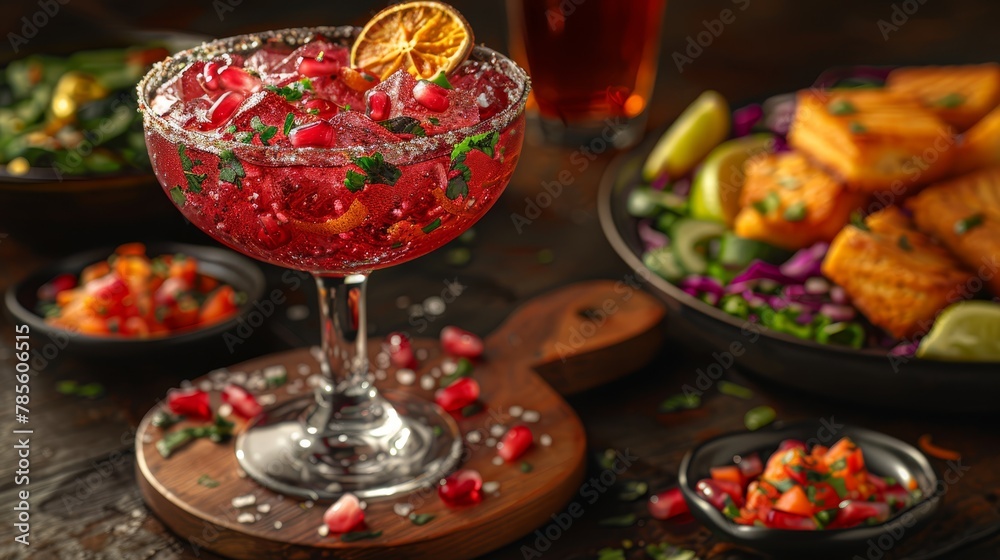 A tight shot of a wine glass on a table, nearby is a plate bearing food, and a beverage rests in the background A tight shot of a wine glass on a table, nearby is a plate bearing food, and a beverage rests in the background