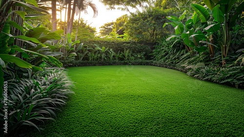 A backyard at sunrise with a lively artificial lawn and dense foliage, fostering a calm ambiance.