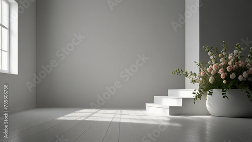 Abstract studio white background for product presentation. Empty room with shadows of window and flowers and palm leaves . 3d room with copy space. Summer concert. backdrop. beauty product placement.