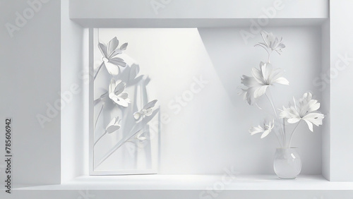 Abstract studio white background for product presentation. Empty room with shadows of window and flowers and palm leaves . 3d room with copy space. Summer concert. backdrop. beauty product placement.