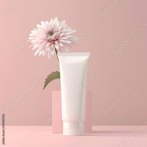 Realistic Mockup empty, a blank tube cosmetic package, aestetic, with one small flower behind, pastel color background