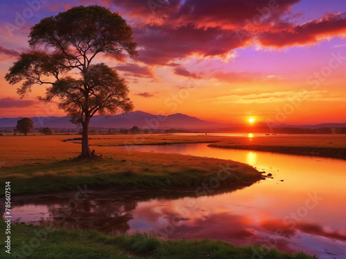 Sunset over the river. Beautiful lake. Wallpaper landscape