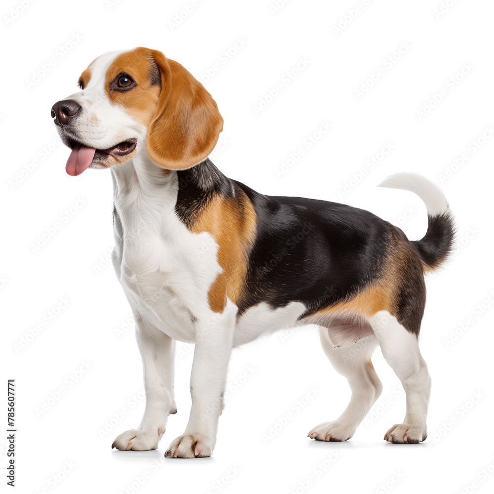 Beagle dog side full body portrait with tongue out on isolated background