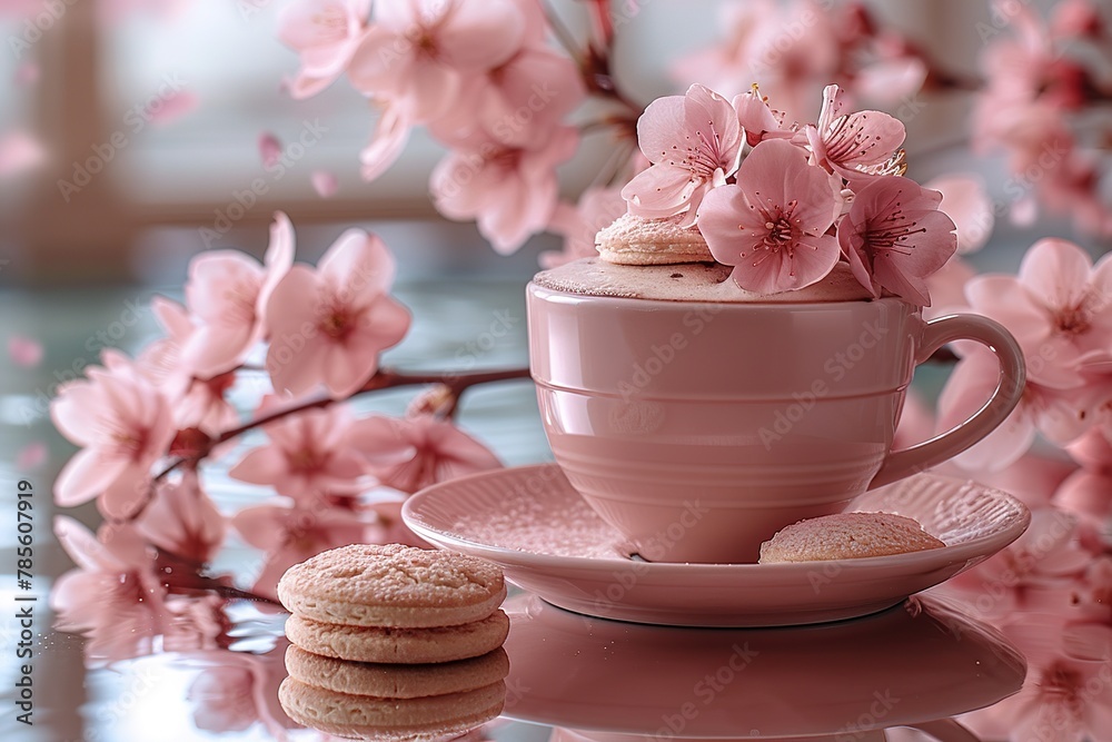 A pink cup of coffee, a few cookies, sakura on the table, close up, Palace of Versailles in Paris, grand sighs