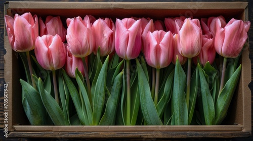 Wooden Box Filled With Pink Tulips on Table