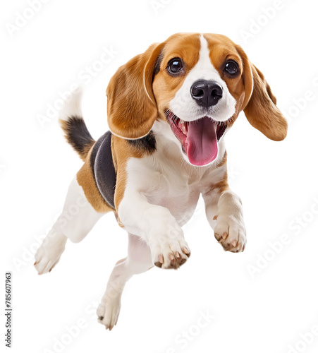 Happy excited beagle puppy in jumping floating pose with tongue out and mouth open