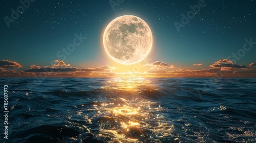 Full Moon Rising Over the Ocean at Night photo