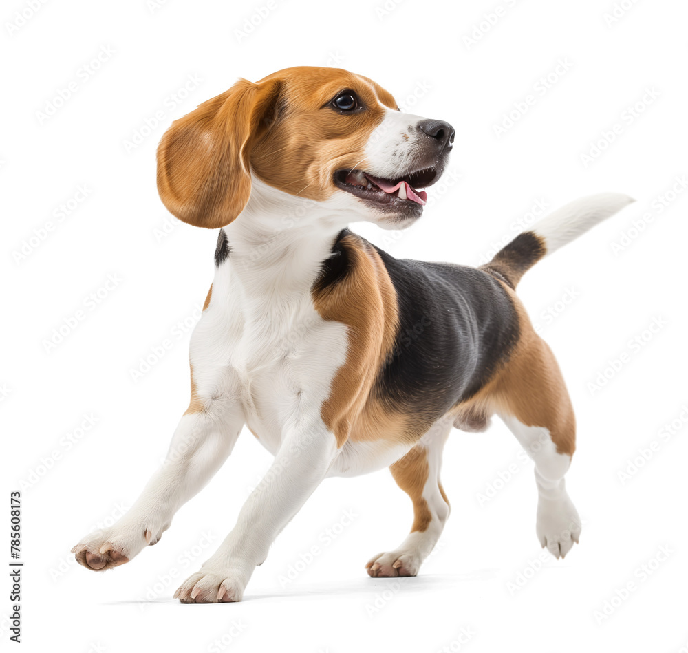 Happy excited beagle dog in active pose, isolated background