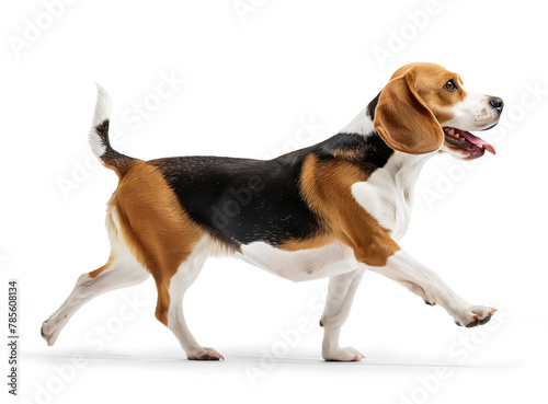 Cute happy beagle dog in walking pose, side profile view on isolated background