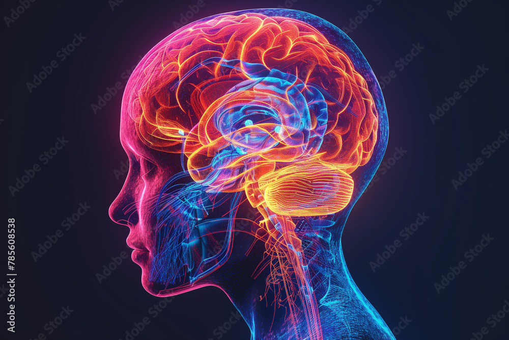 3D illustration of human brain in a person on black background, neon 3D illustration of human brain in a person on black background, neon