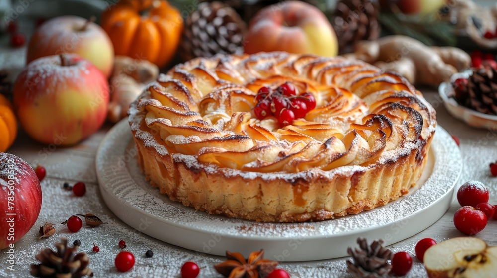 A cake atop a pristine white plate, situated on a table, adjacent to apples and further food items A cake atop a pristine white plate, situated on a table, adjacent to apples and further food items