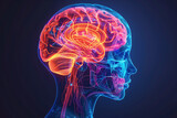 3D illustration of human brain in a person on black background, neon