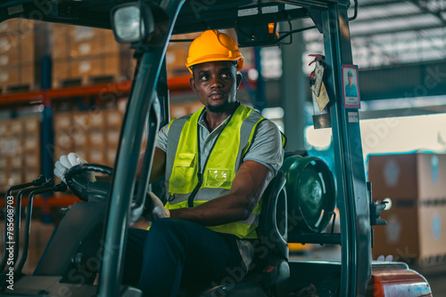African American person working to shipping box package by order in logistic warehouse, black male work in delivery distribution job service in storage factory, man checking good of industry business