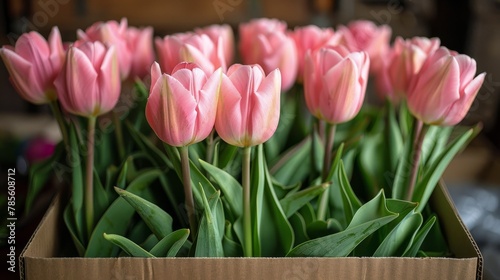 Wooden Box Filled With Pink Tulips on Table
