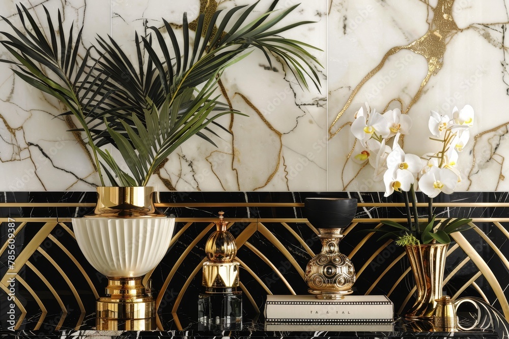 Art Deco Elegance: Luxurious Marble and Gold Decor Accents with Exotic Flora