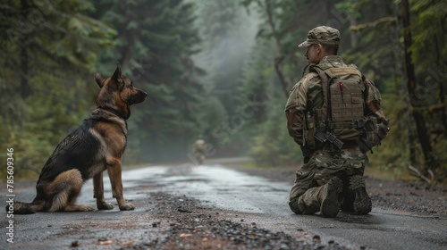 soldier and a military working dog patrolling an asphalt road in the forest.