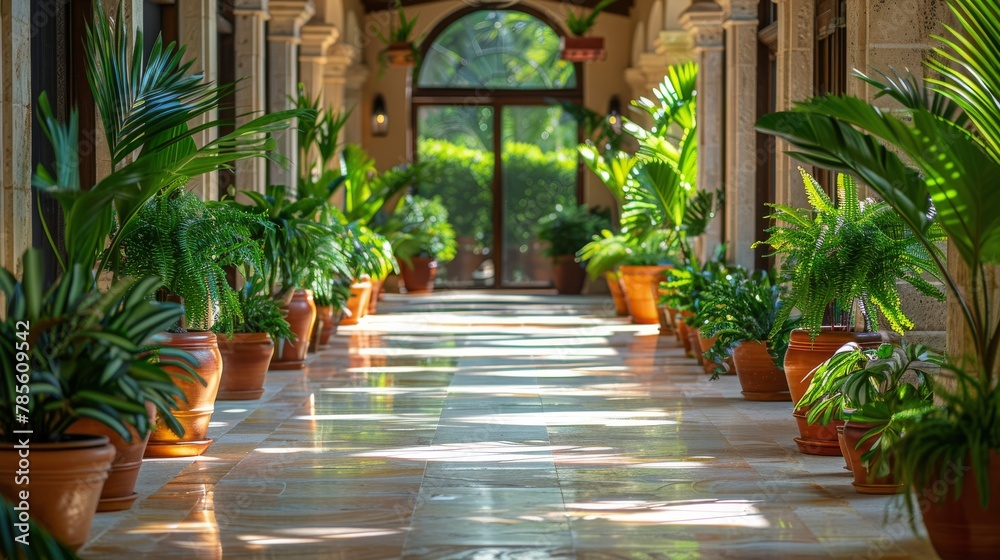 Long Hallway With Potted Plants