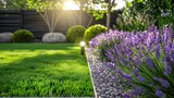 A compact garden with impeccable artificial turf, bordered by fragrant lavender and eco-friendly lights.