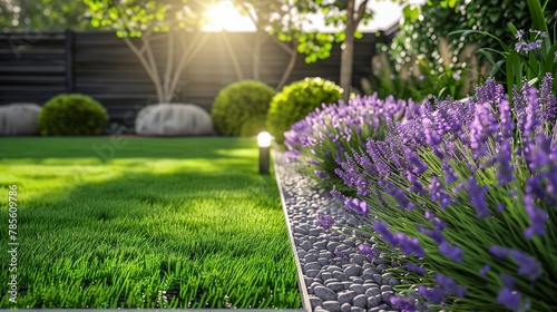 A compact garden with impeccable artificial turf, bordered by fragrant lavender and eco-friendly lights.