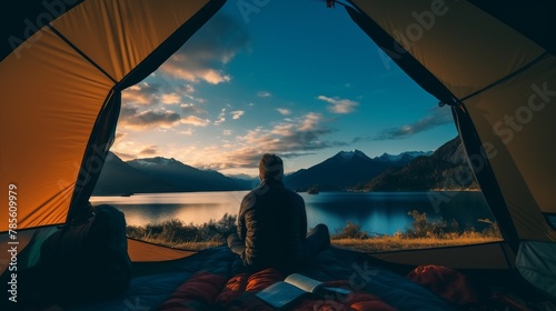 Man Sitting in Tent by Lake