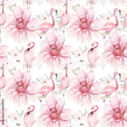Watercolor seamless pattern. Floral print with flamingos and peonies. Hand drawn illustration © natikka