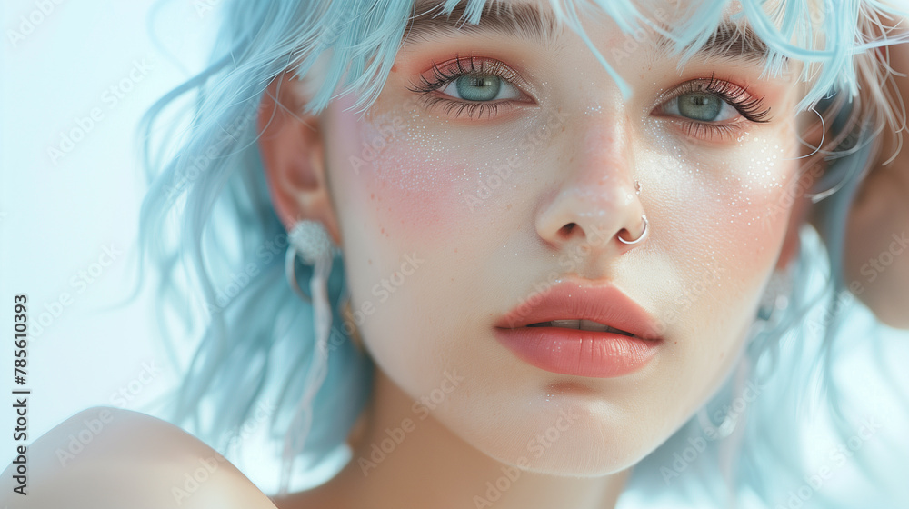 Beautiful girl with white hair, posing in the style of pastel fashion outfit, ethereal, pastels, volumetric lighting, close up, soft blue background, pale skin Beautiful girl with white hair, posing in the style of pastel fashion outfit, ethereal, pastels, volumetric lighting, close up, soft blue background, pale skin