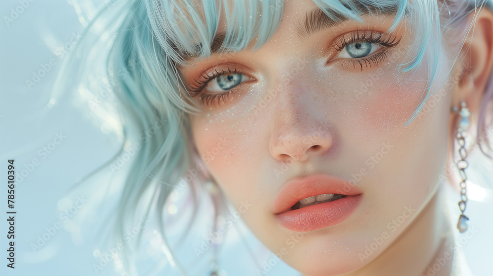 Beautiful girl with white hair, posing in the style of pastel fashion outfit, ethereal, pastels, volumetric lighting, close up, soft blue background, pale skin