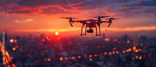 Drone Flight at Dusk: Cityscape & Emerging Tech. Concept Drone Photography, Dusk, Cityscape, Emerging Tech