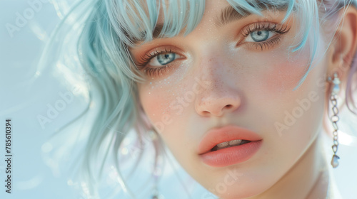 Beautiful girl with white hair  posing in the style of pastel fashion outfit  ethereal  pastels  volumetric lighting  close up  soft blue background  pale skin